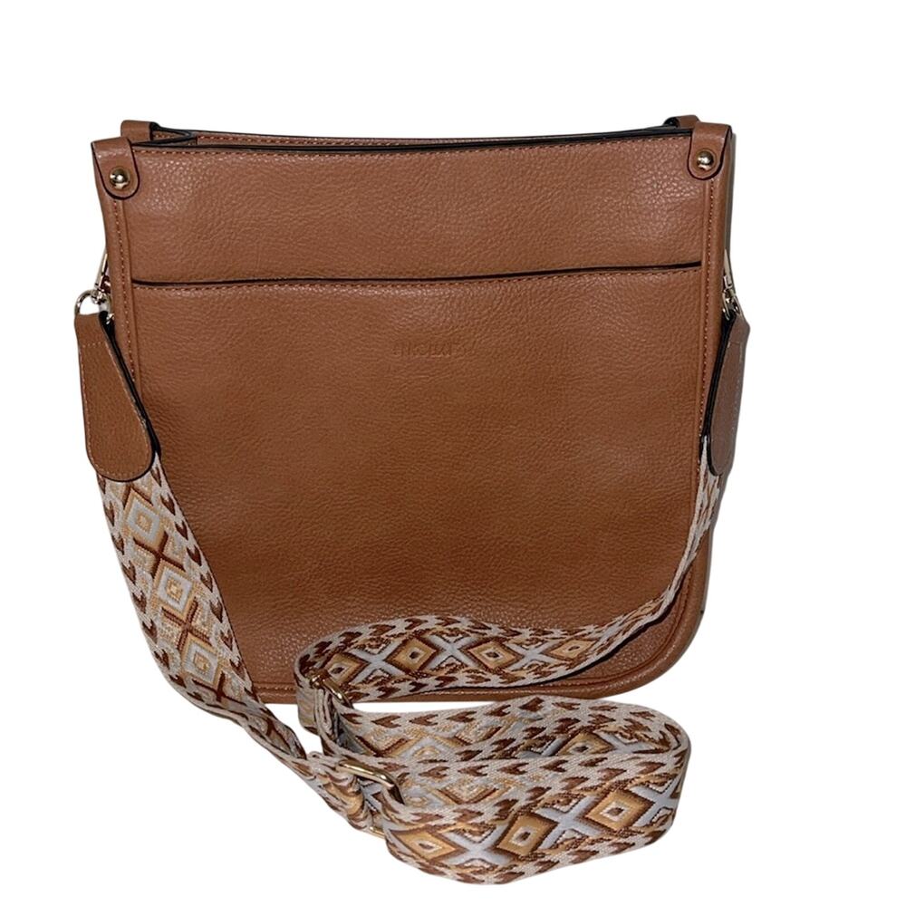 HKCLUF vegan leather crossbody with southwestern style woven strap